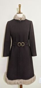 Vintage mink fur trim brown dress coat Sz XS